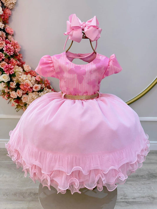 Vestido infantil rosa con mariposas y pedrería en el busto, de lujo