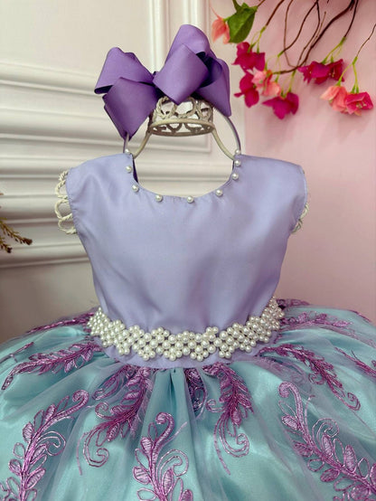 Vestido infantil de princesa Ariel con encaje y cinturón de perlas