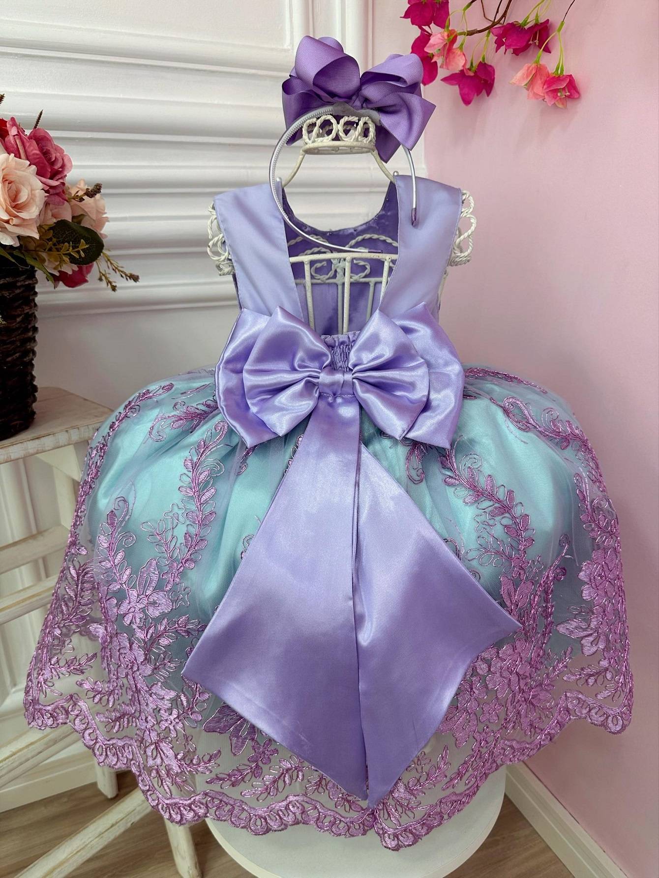 Vestido infantil de princesa Ariel con encaje y cinturón de perlas