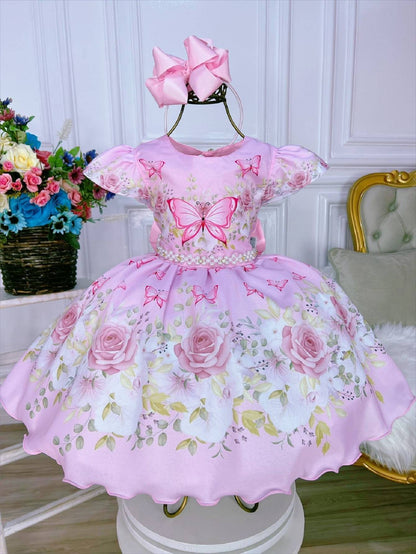 Vestido infantil de mariposas rosas con pedrería y perlas