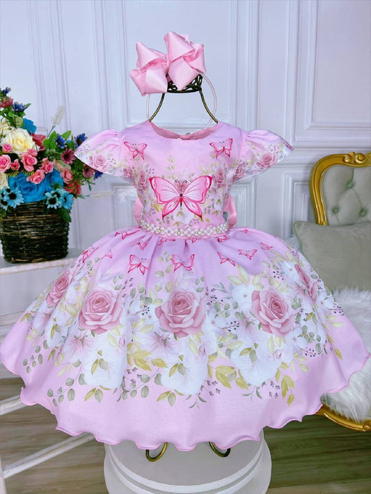 Vestido infantil de mariposas rosas con pedrería y perlas