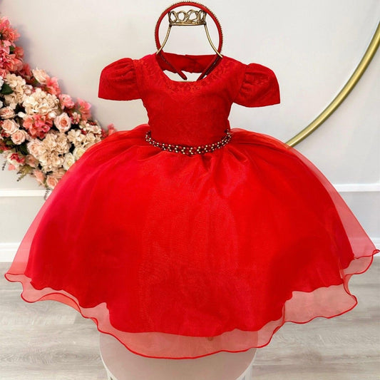 Vestido infantil rojo con encaje de lujo, cinturón de perlas y tiara