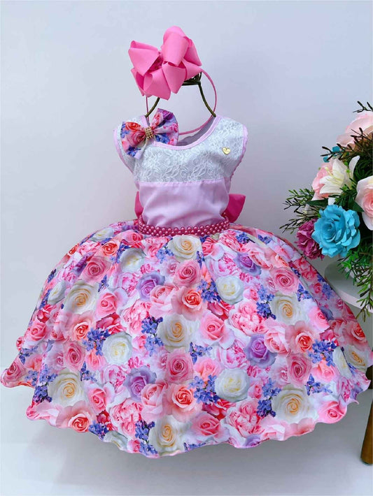 Vestido infantil con estampado floral rosa, lazo y cinturón de perlas de lujo