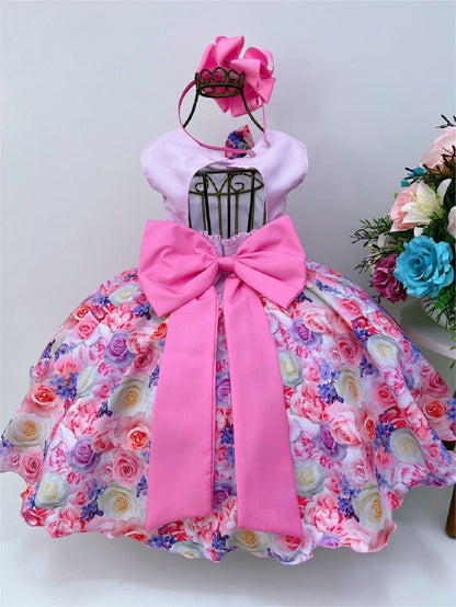 Vestido infantil con estampado floral rosa, lazo y cinturón de perlas de lujo