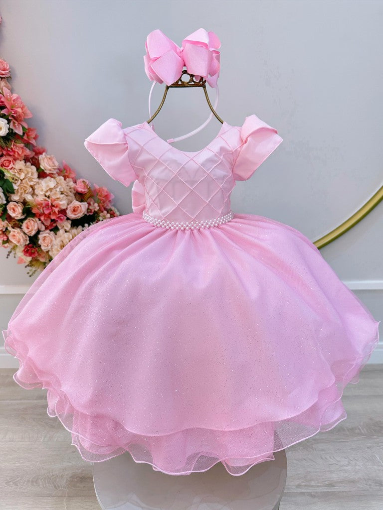 Vestido infantil rosa claro con busto acanalado para fiestas de niñas de las flores