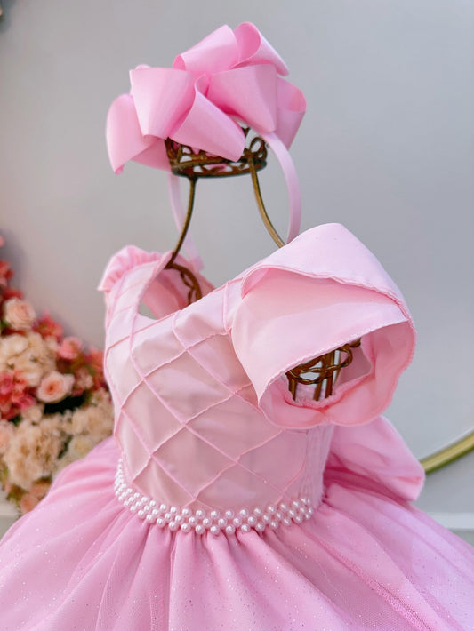 Vestido infantil rosa claro con busto acanalado para fiestas de niñas de las flores