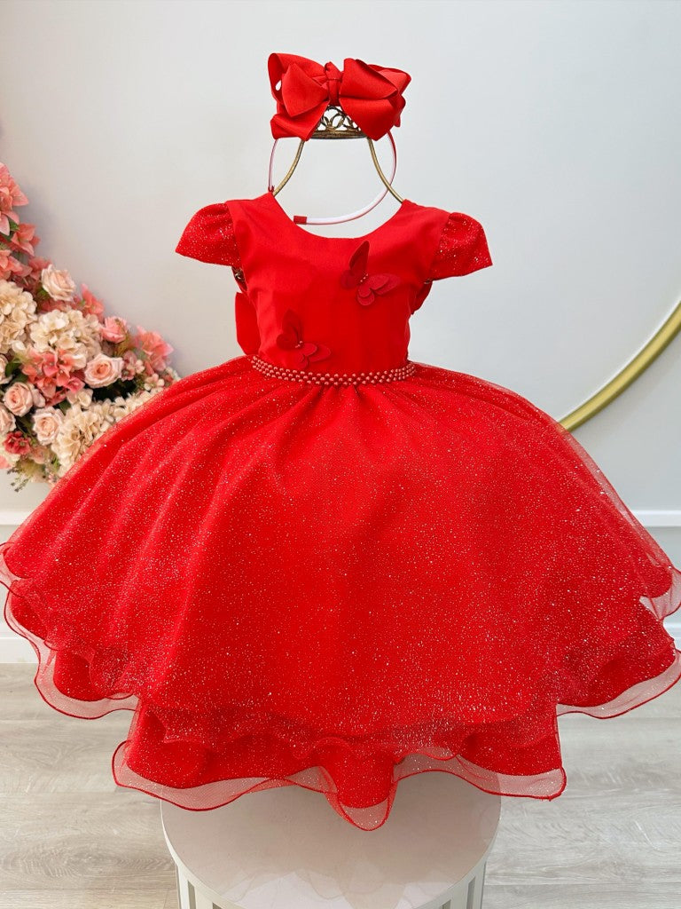 Vestido Infantil Rojo con Apliques de Mariposas y Purpurina para Fiestas