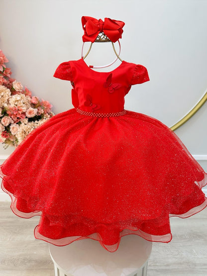 Vestido Infantil Rojo con Apliques de Mariposas y Purpurina para Fiestas