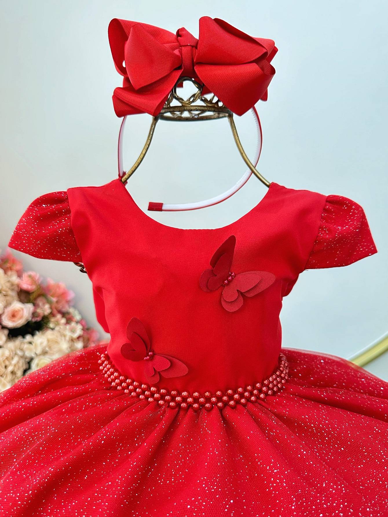 Vestido Infantil Rojo con Apliques de Mariposas y Purpurina para Fiestas