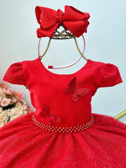 Vestido Infantil Rojo con Apliques de Mariposas y Purpurina para Fiestas