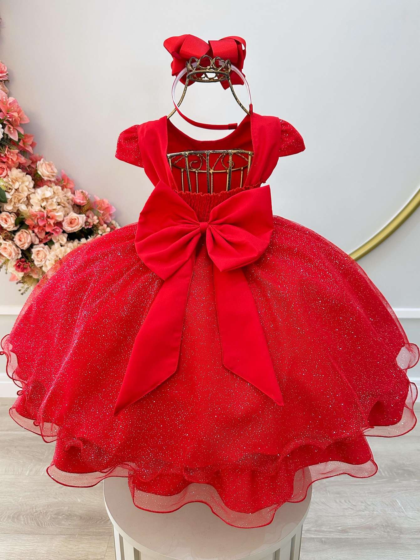 Vestido Infantil Rojo con Apliques de Mariposas y Purpurina para Fiestas