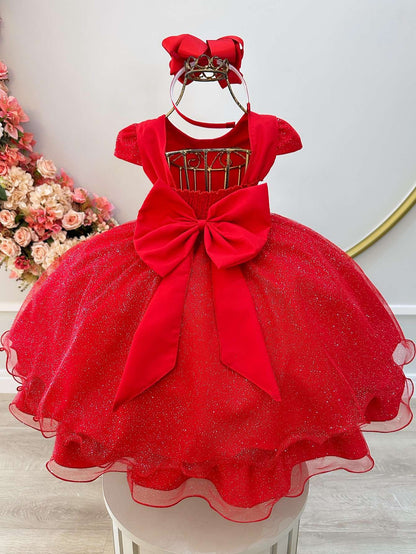 Vestido Infantil Rojo con Apliques de Mariposas y Purpurina para Fiestas