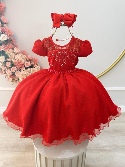 Vestido infantil de tul rojo de lujo con palomitas de maíz y perlas