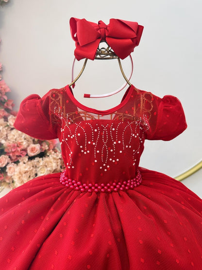 Vestido infantil de tul rojo de lujo con palomitas de maíz y perlas