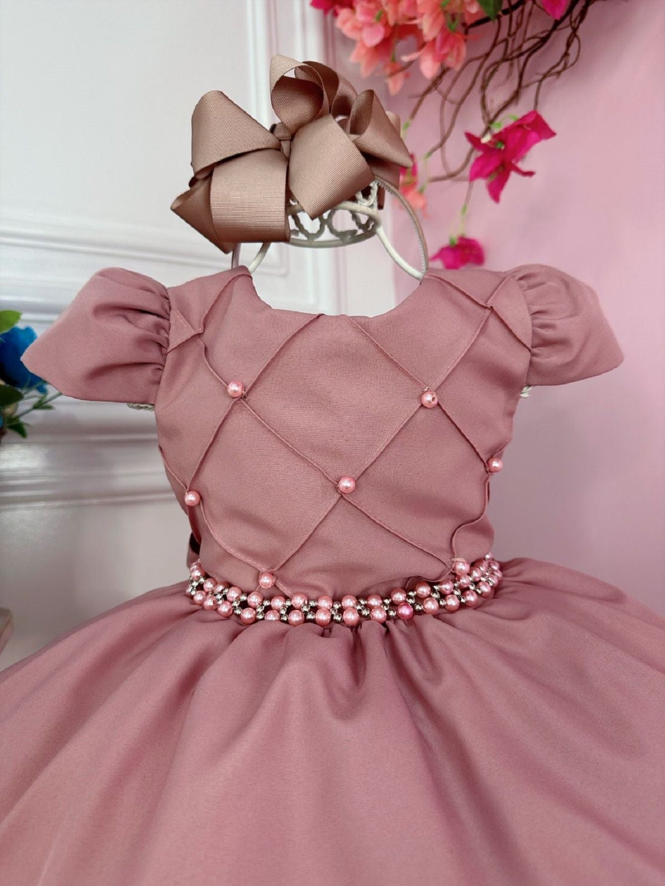Vestido Infantil Rose Busto Nervura Daminhas Festas Luxo