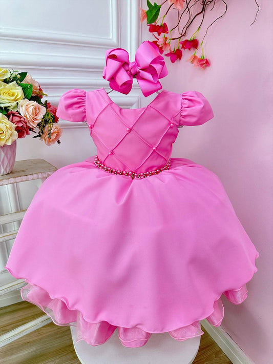 Vestido infantil rosa con cinturón de perlas para boda de lujo
