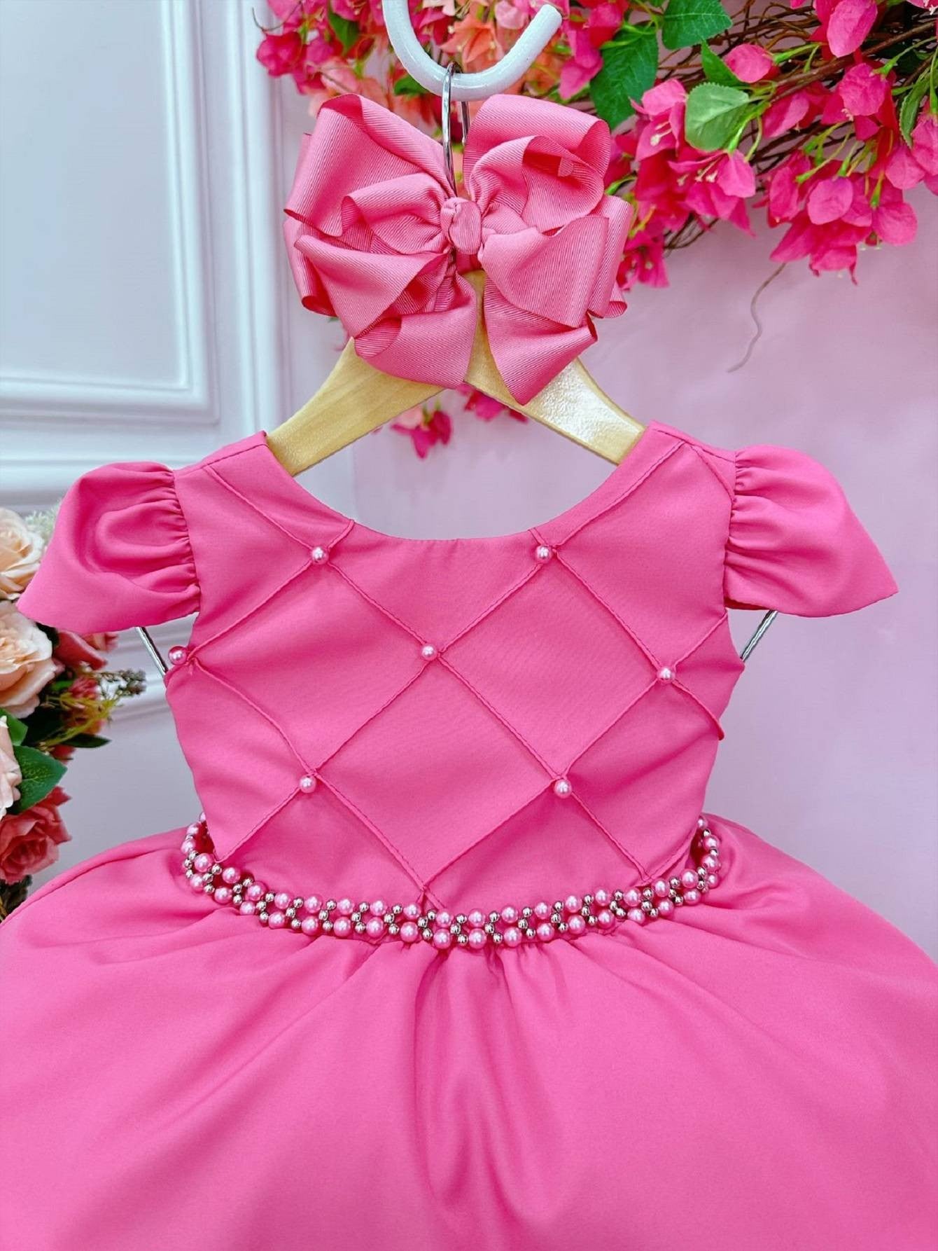 Vestido infantil rosa chicle con busto acanalado y vestido de novia para damas de honor