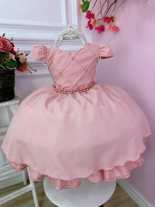 Vestido infantil rosa té con busto acanalado y cinturón de perlas