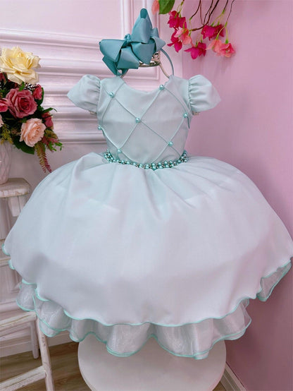 Vestido infantil verde claro con cinturón de perlas para bodas