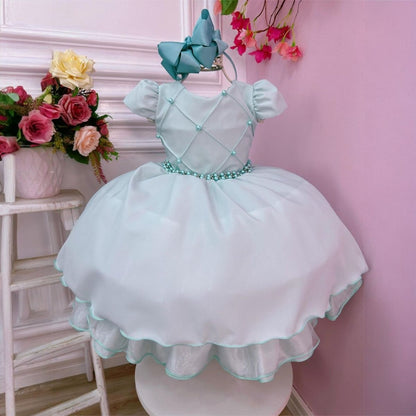 Vestido infantil verde claro con cinturón de perlas para bodas
