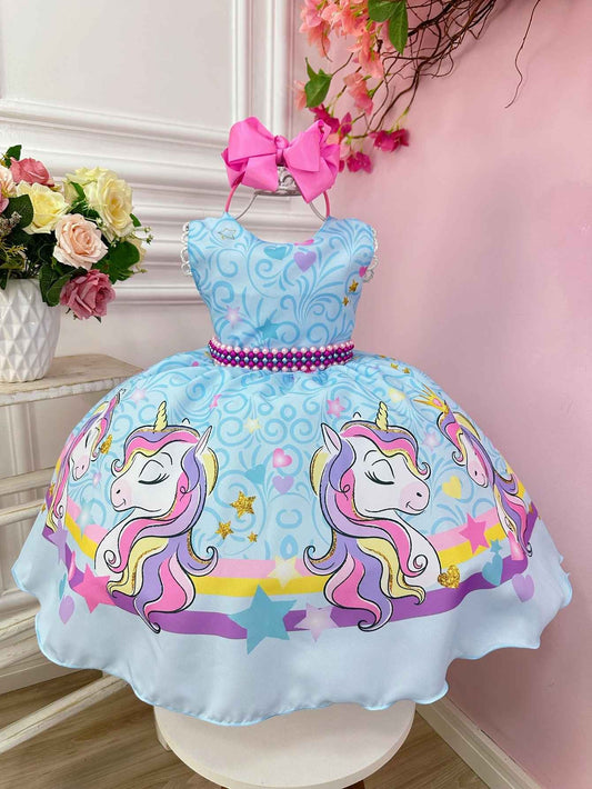 Vestido de fiesta de unicornio arcoíris azul con cinturón
