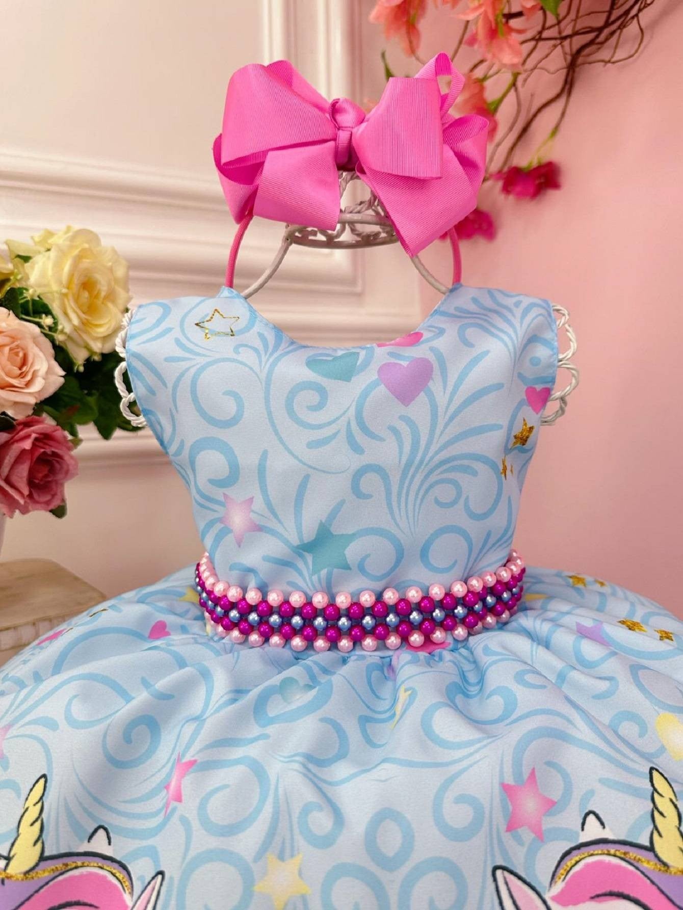 Vestido de fiesta de unicornio arcoíris azul con cinturón