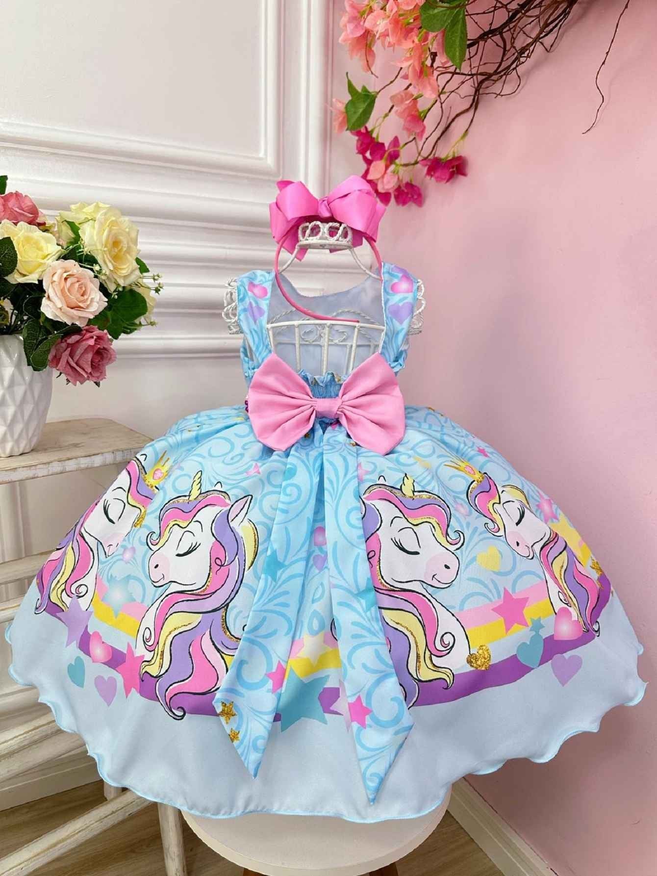 Vestido de fiesta de unicornio arcoíris azul con cinturón
