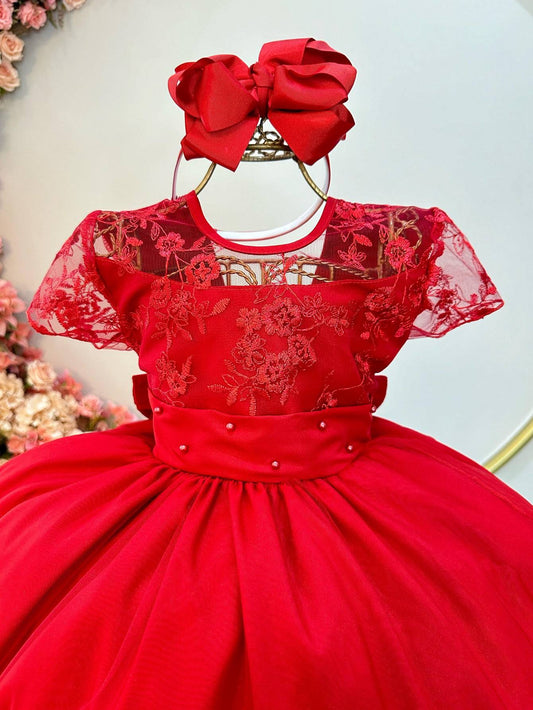 Vestido infantil rojo con busto y encaje, vestido largo de lujo para mujer