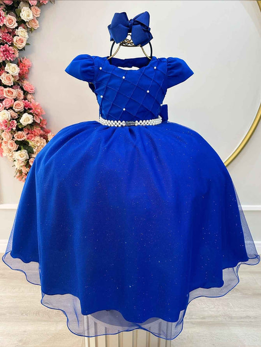 Vestido largo azul rey para niña con busto acanalado para fiestas de damas