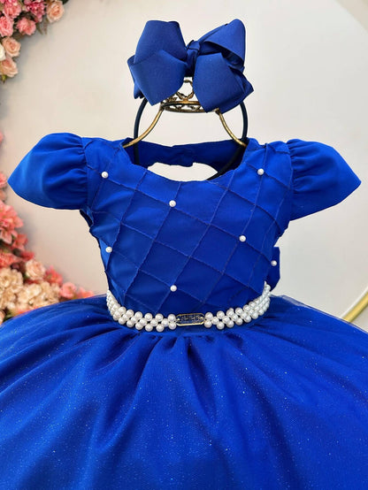 Vestido Infantil Longo Azul Royal Busto Nervura Festas Damas