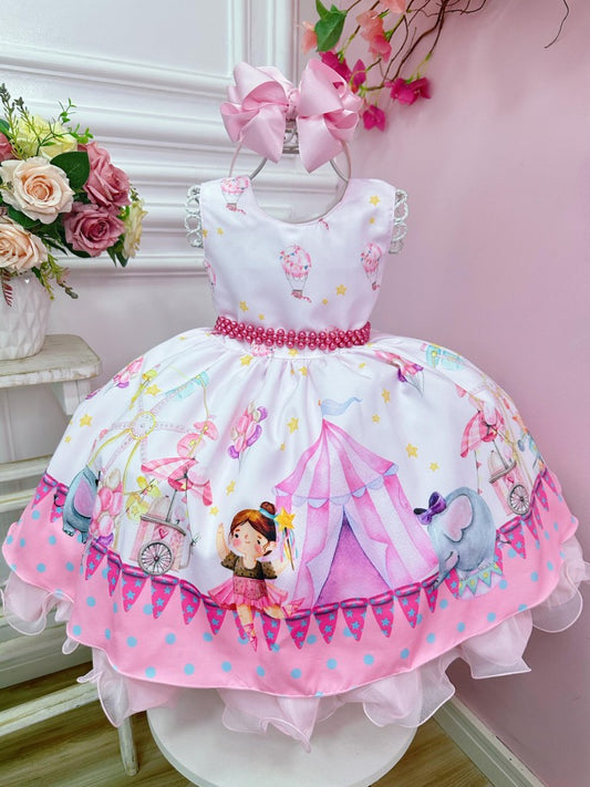 Vestido infantil de circo de lujo con elefante rosa y azul y bailarina