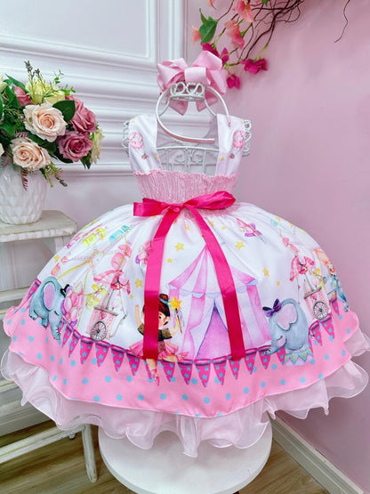 Vestido infantil de circo de lujo con elefante rosa y azul y bailarina