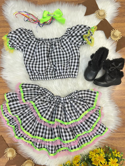 Conjunto corto de cuadros negros Junino para niña con falda de lujo