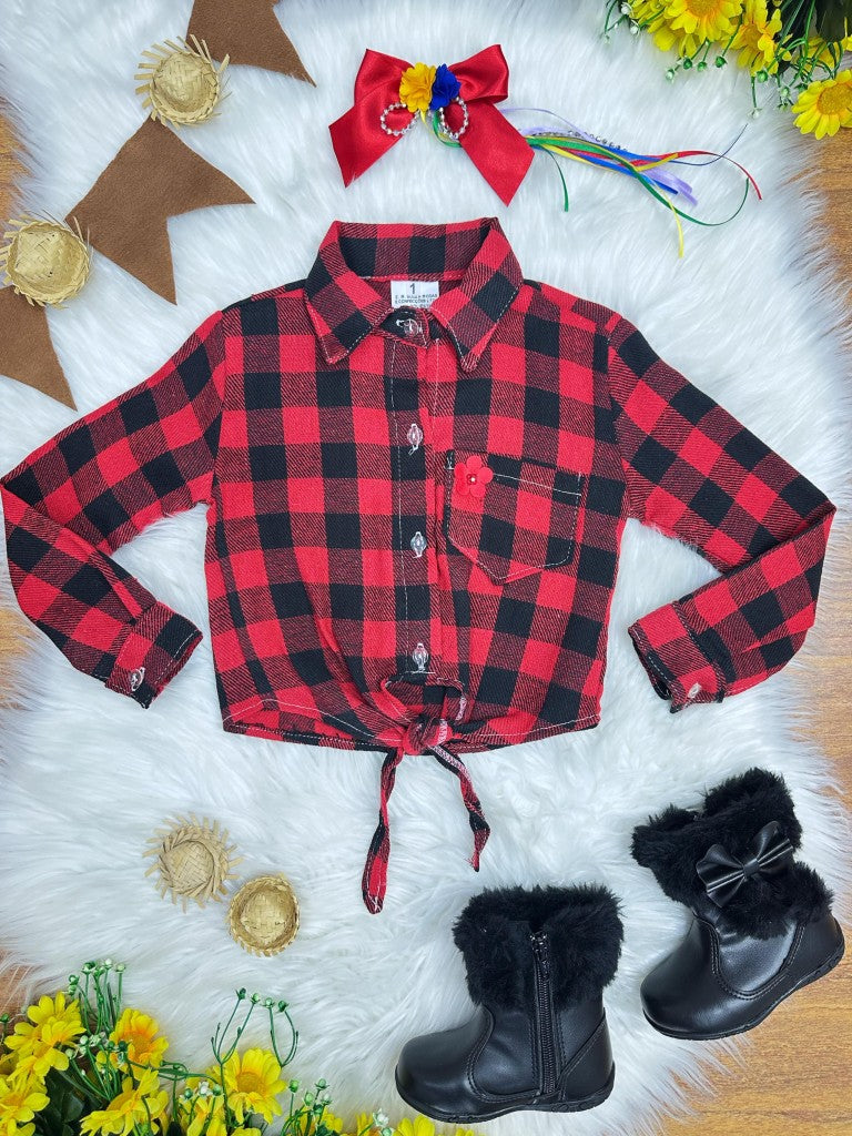 Camisa de franela para niña, cuadros Junina negros y rojos