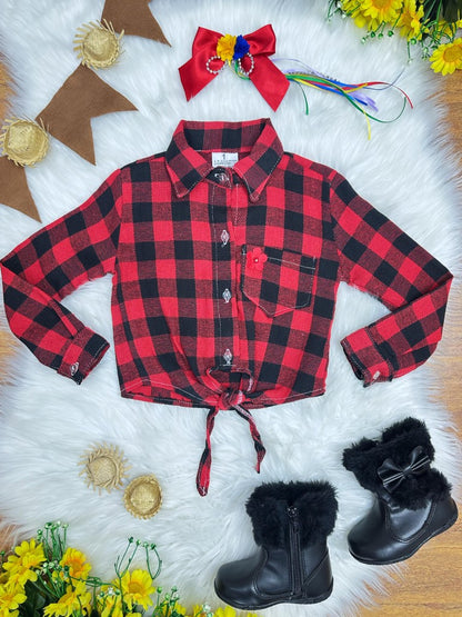 Camisa de franela para niña, cuadros Junina negros y rojos