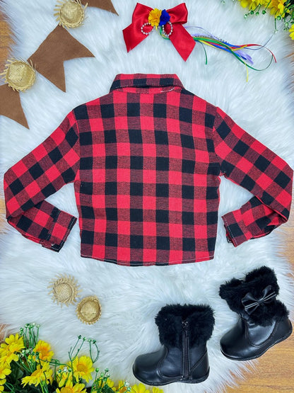 Camisa de franela para niña, cuadros Junina negros y rojos
