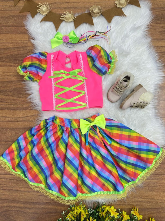 Conjunto corto Junino rosa para niña con falda colorida