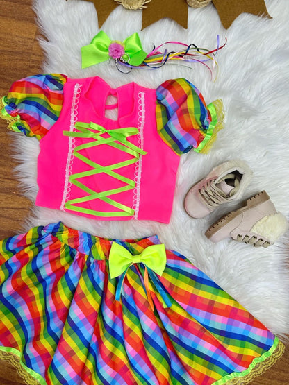 Conjunto corto Junino rosa para niña con falda colorida