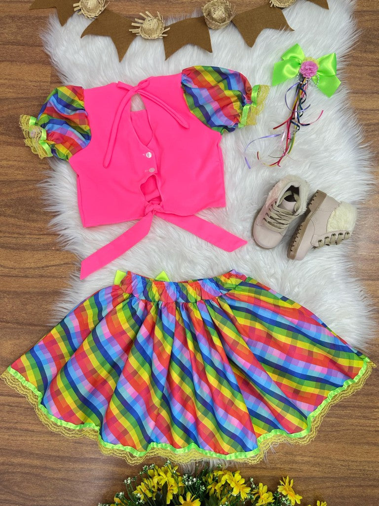 Conjunto corto Junino rosa para niña con falda colorida