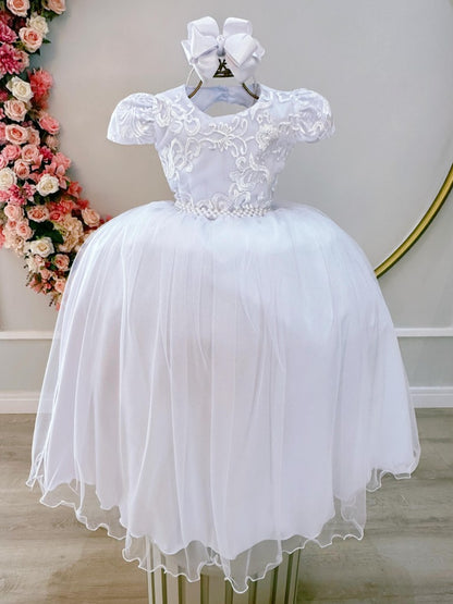 Vestido infantil blanco con busto y encaje de lujo para fiestas de boda