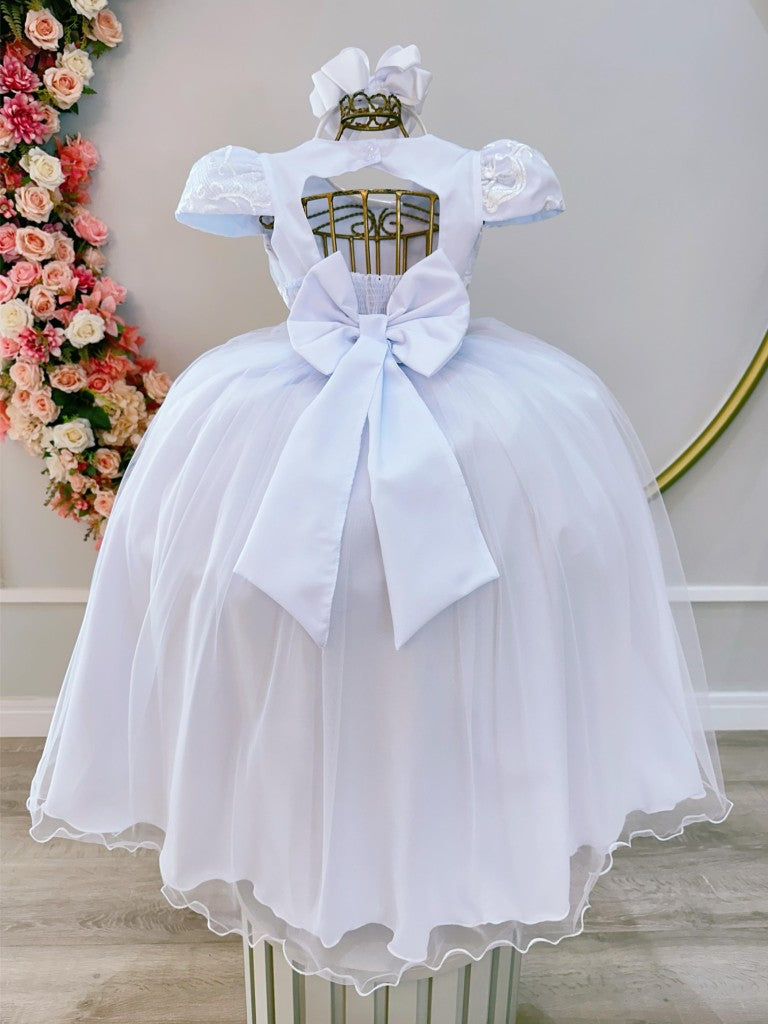 Vestido infantil blanco con busto y encaje de lujo para fiestas de boda