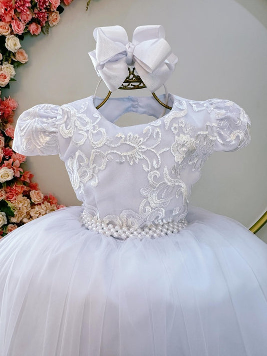 Vestido Infantil Branco Busto C/ Renda Luxo Festas Casamento