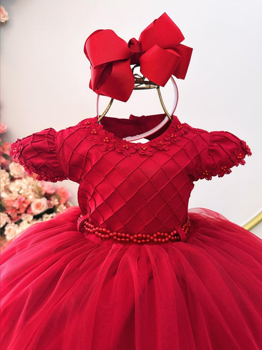 Vestido Infantil Vermelho Busto Nervura C/ Apliques Daminha