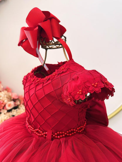Vestido Infantil Vermelho Busto Nervura C/ Apliques Daminha