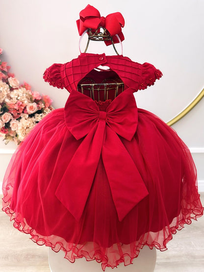 Vestido Infantil Vermelho Busto Nervura C/ Apliques Daminha