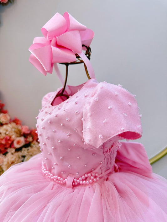 Vestido infantil rosa claro con busto y perlas para niñas de flores