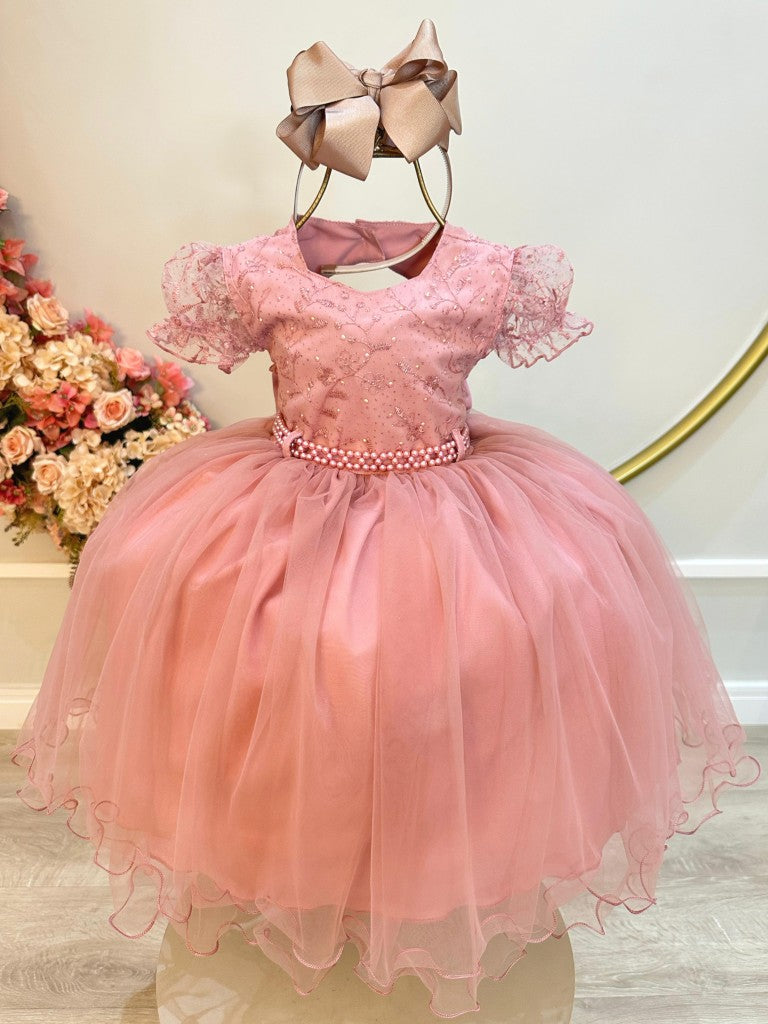 Vestido infantil con busto de rosa, encaje y pedrería para niñas de flores