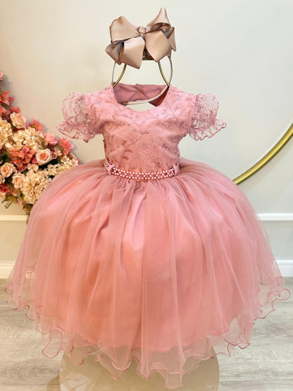 Vestido infantil con busto de rosa, encaje y pedrería para niñas de flores