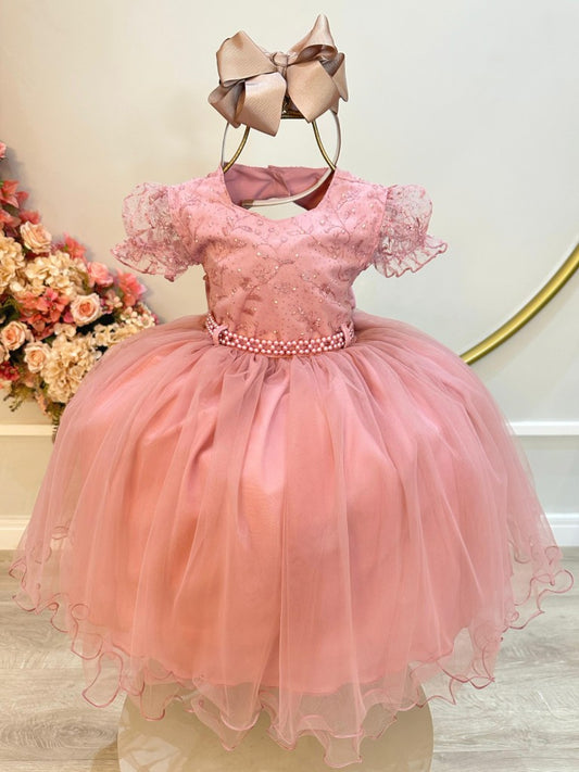 Vestido infantil con busto de rosa, encaje y pedrería para niñas de flores