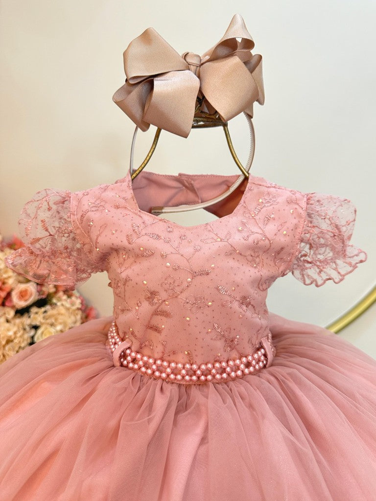 Vestido infantil con busto de rosa, encaje y pedrería para niñas de flores